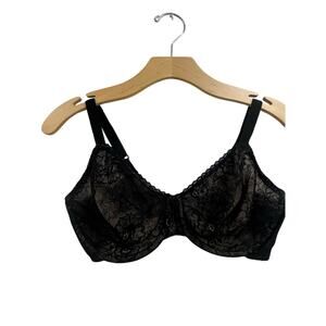 Vintage Olga Black Lace Bra 36D Sheer Unlined Underwire Retro